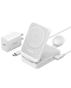 Anker Maggo Wireless Charging Station (15W Foldable 3-in-1) Bundle Cable and Charger Silver