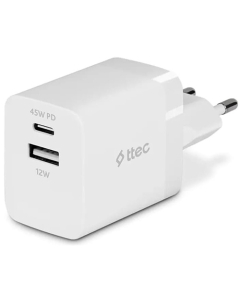 Ttec SmartCharger Duo 45W Travel Fast Charger USB-C+USB-A White 2SCP02B