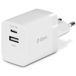 Ttec SmartCharger Duo 45W Travel Fast Charger USB-C+USB-A White 2SCP02B
