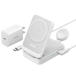 Anker Maggo Wireless Charging Station (15W Foldable 3-in-1) Bundle Cable and Charger Silver