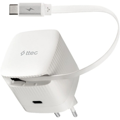 Ttec SmartCharger Gan 65W OD Travel Fast Charger USB-C+Built-in PD 65W USB-C Charging Cable 70cm White 2SCG05B