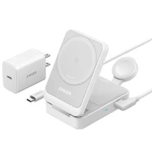 Anker Maggo Wireless Charging Station (15W Foldable 3-in-1) Bundle Cable and Charger Silver